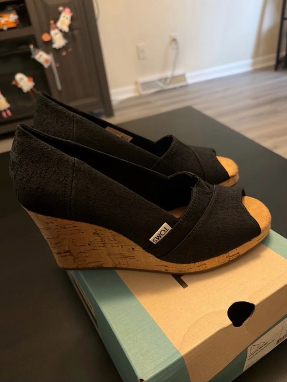 Toms Black Canvas Cork Wedge Peep-Toe Sandals